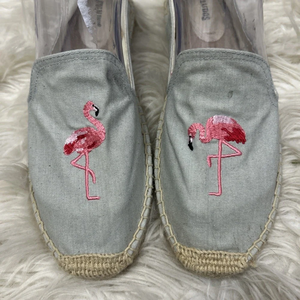 Soludos Flamingo Espadrilles Flat Slip On Shoes Embroidered Vacation Resort 9.5